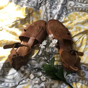 Tan leather thong ankle sandals
